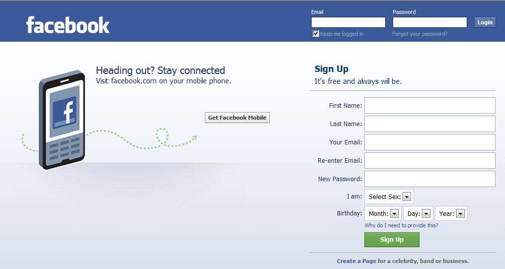 Snap Shot of Facebook Sign in page